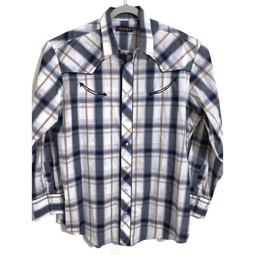 Roper Shirt Mens XL Blue Plaid Long Sleeve Snap Western Embroidered Star Back
